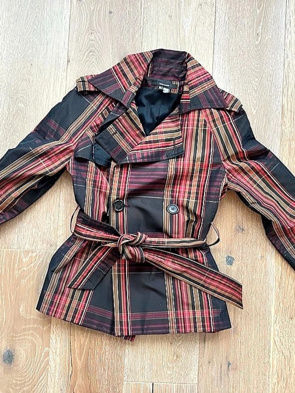 ZARA Basic Plaid Belted Trench Coat in Black & Red Size Med Like New